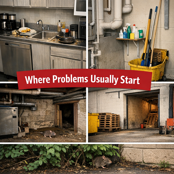 Common pest hotspots in commercial buildings including kitchen, utility room, basement, and loading dock