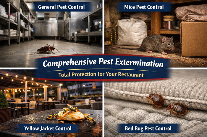 Split image showing cockroach in commercial kitchen, mouse in storage area, yellow jackets on outdoor dining table, and bed bugs on mattress seam representing restaurant pest control services