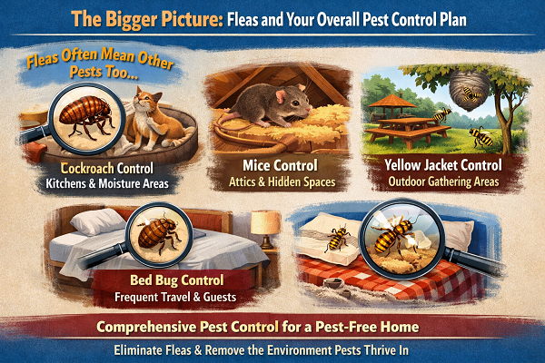 Illustration showing fleas, cockroaches, mice, yellow jackets, and bed bugs in different home areas