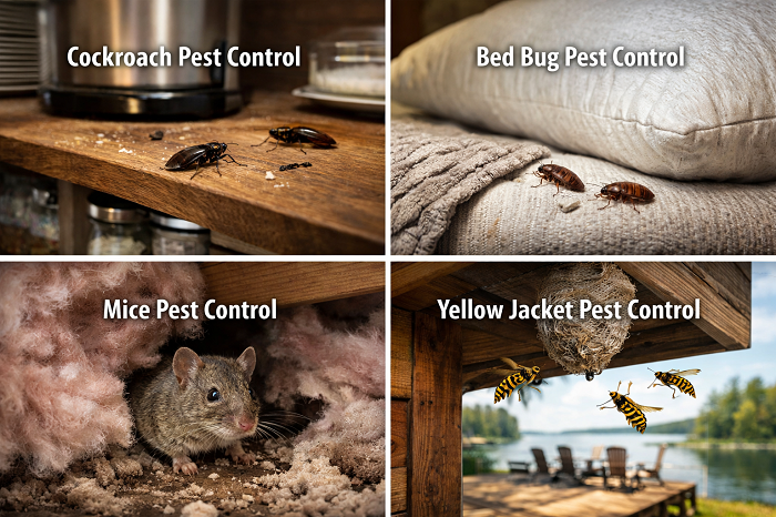 Split image showing cockroaches in kitchen, bed bugs on mattress, mouse in insulation, and yellow jackets near a cabin deck