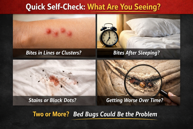 Collage showing bed bug bite clusters on skin, a bed with alarm clock, stained bedding with dark spots, and mattress seam with visible bugs highlighting key infestation signs