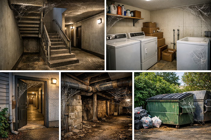 Common apartment areas where spiders gather, including hallways, laundry rooms, basements, and dumpsters