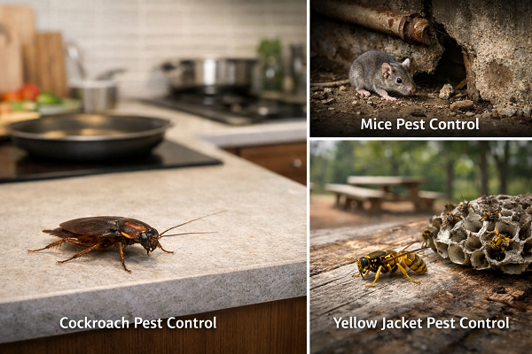 Dorm pests: cockroach, mouse, yellow jackets