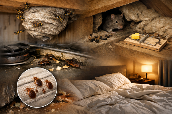yellow jackets, cockroaches, mice, and bed bugs in home