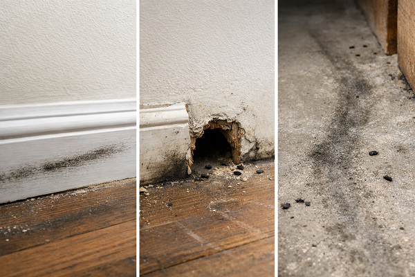 Rodent grease marks and droppings along baseboard travel path