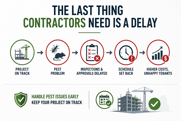 Construction pest control infographic showing delays caused by rodents and insects on commercial projects