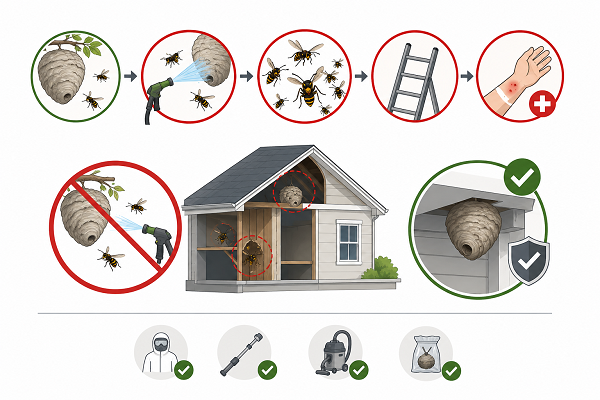 Hornet nest removal infographic showing risks of disturbing active nests.