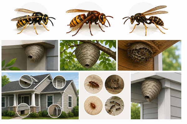 Hornets, wasps, and yellow jackets with nests near a home.