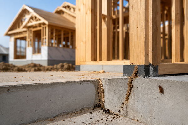 New construction site with termites and ants near the foundation wall