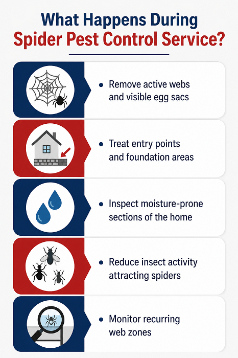 Spider pest control service infographic showing inspection and web removal steps