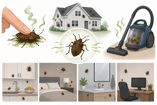 Stink bugs spreading through a home and releasing odor when disturbed.