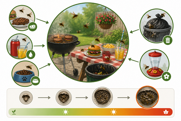 Wasps gathering around food, drinks, and outdoor cookout areas.