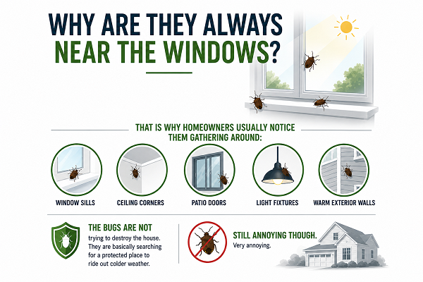Stink bugs commonly found around windows and indoor light sources.