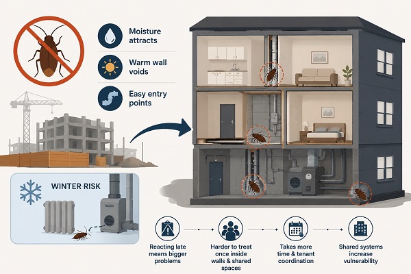 Common cockroach entry points, moisture sources, and shared building systems in apartments.