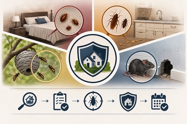 Infographic showing multiple residential pest threats including hornets, bed bugs, cockroaches, and mice surrounding a protected home, with visual steps representing inspection, treatment, pest elimination, exclusion, and ongoing prevention.