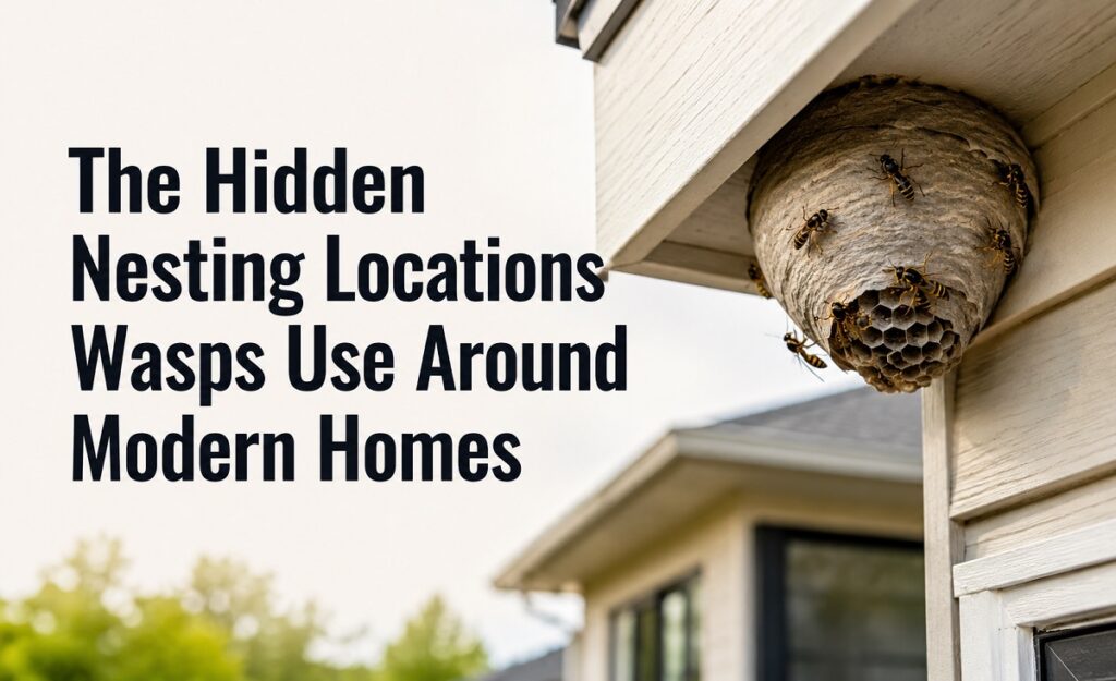 Wasp nest hidden under a home's roofline.