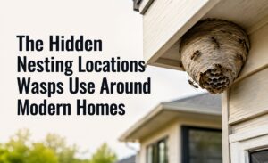Wasp nest hidden under a home's roofline.