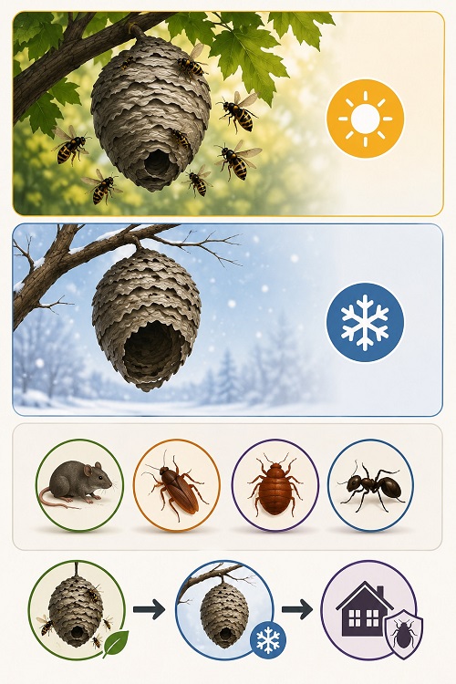 hornet nest activity through summer, winter die-off, and common household pests.