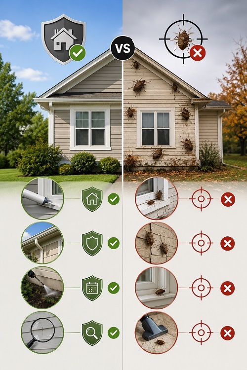 Visual comparison of proactive stink bug prevention methods versus reactive pest extermination around a residential home.