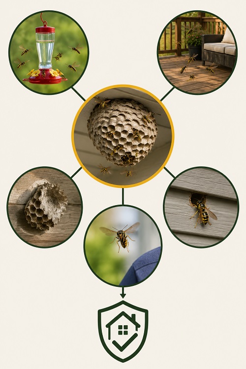 Common warning signs of increasing wasp activity around homes, gardens, feeders, and nesting areas.