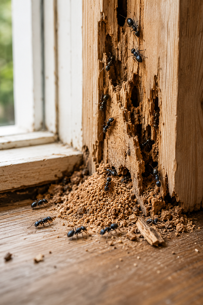 Carpenter ants damaging wood inside a home with visible frass and hollow galleries