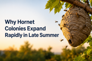Large hornet nest hanging from tree branch in Jackson, Michigan yard