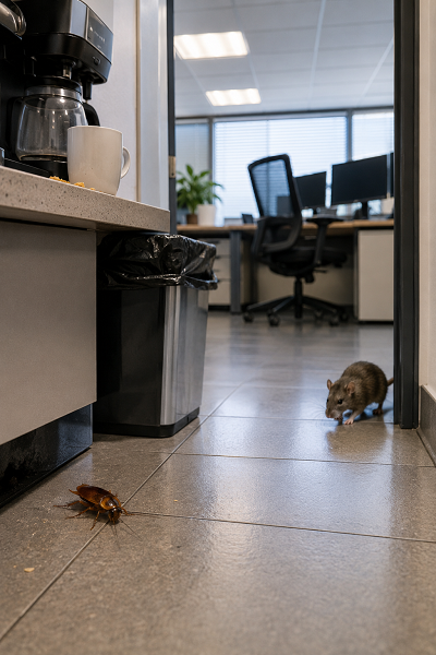 Office break room with a mouse and cockroach highlighting commercial pest risks.