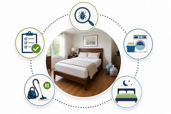 Bedroom infographic showing post bed bug treatment care steps.