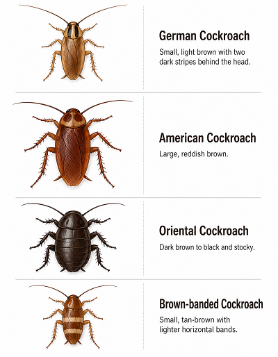 Four common cockroach species found in homes including German, American, Oriental, and brown-banded cockroaches