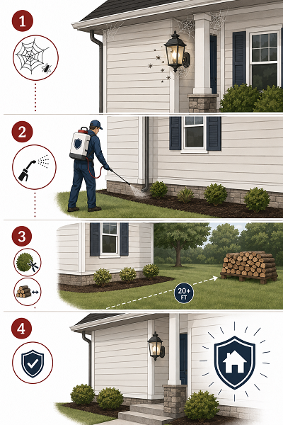 Outdoor spider control process for a residential home