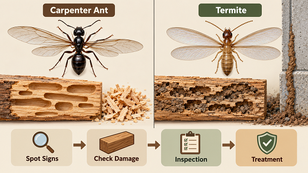 Carpenter ant vs termite comparison showing wings, antennae and wood damage